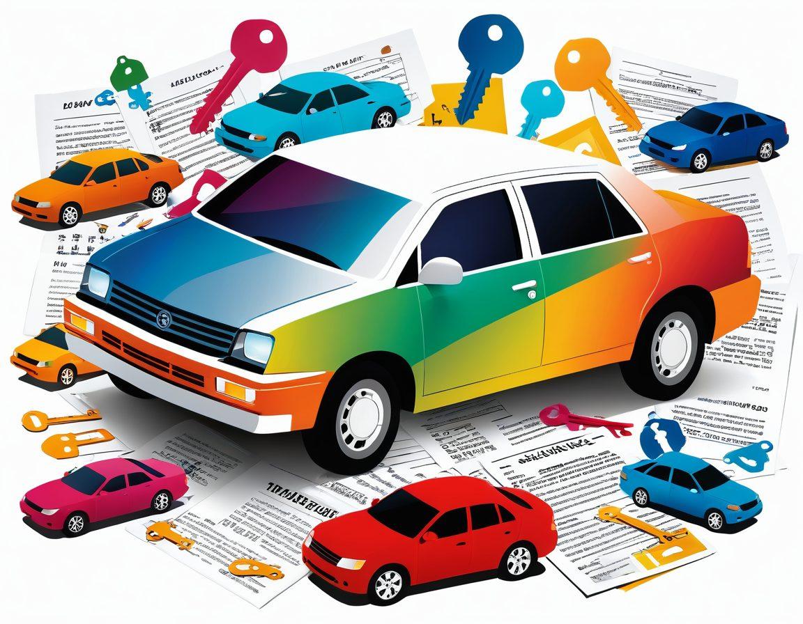 A collage of keys unlocking a giant car insurance policy document, with illustrated cars of various types in the background. Include dollar signs and percentage symbols to signify affordability, surrounded by a glowing light indicating secrets being revealed. The scene should feel inviting and informative, symbolizing smart choices. vector art. vibrant colors. white background.