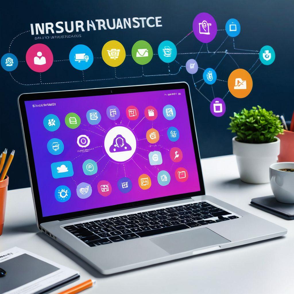 A dynamic digital marketplace scene showcasing a diverse array of insurance options. Include a laptop displaying an instant quote interface, surrounded by colorful icons representing various insurance types like health, auto, and home. Add diverse people interacting with the marketplace on tablets and smartphones, creating a vibrant and engaging atmosphere. Bright colors and modern design elements to emphasize technology and customization. super-realistic. vibrant colors. digital art.