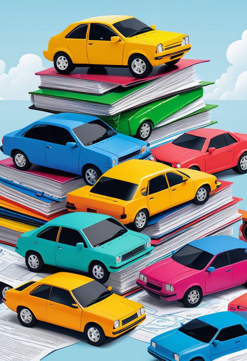 An illustrated scene featuring a person examining various auto insurance documents while surrounded by a colorful assortment of cars, a calculator, and a shield symbolizing protection. In the background, a clear sky with gears representing smart choices and strategies. Emphasize a sense of clarity and confidence in decision-making. vibrant colors. vector art.
